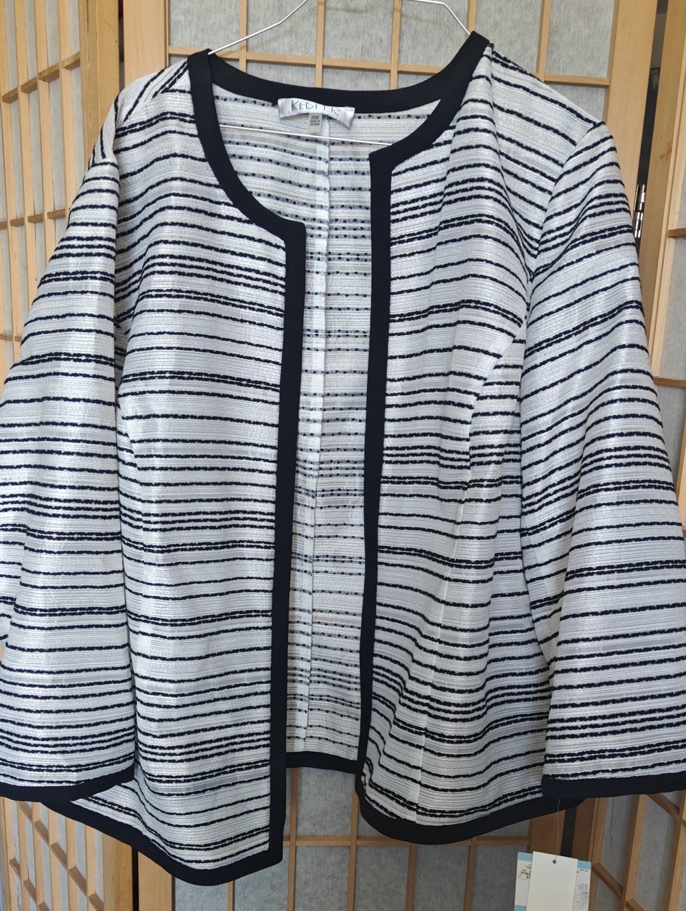 Kasper Black and White Striped Jacket with Contrast Trim